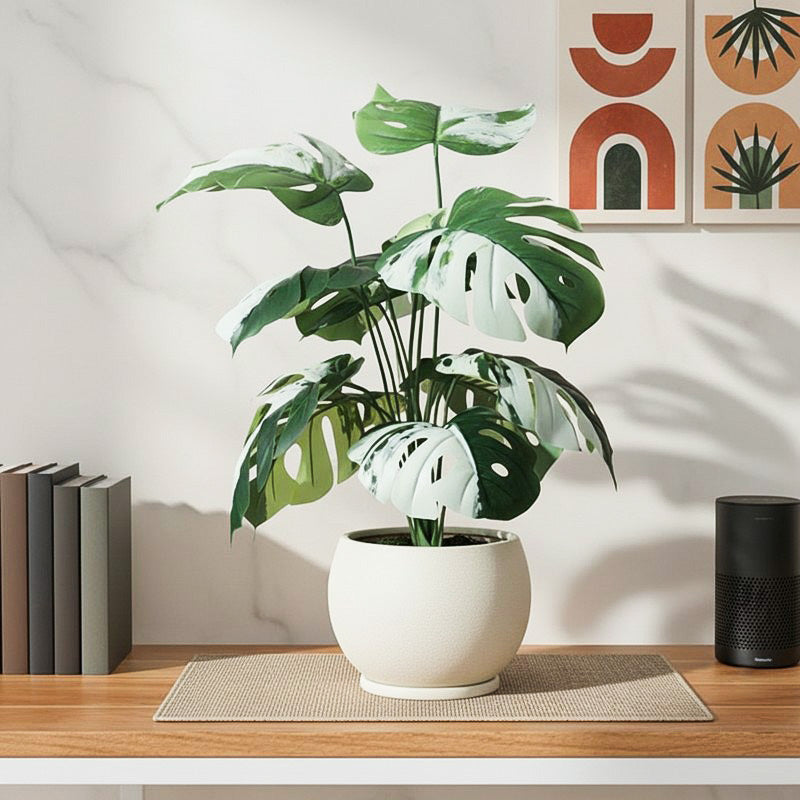 55 cm Faux White Monstera Silk Plant With Black Plastic Pot - Medium