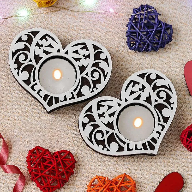 Intricate Heart Wood Tea Light Holder (Black) - Set Of Eight media 3