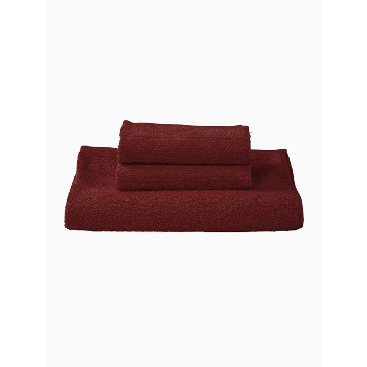 Front view of a folded brown bath towel with two hand towels on top