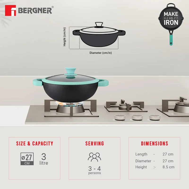 Bergner Cast Iron Kadhai With Lid - 3800 mL/11 Inches media 3