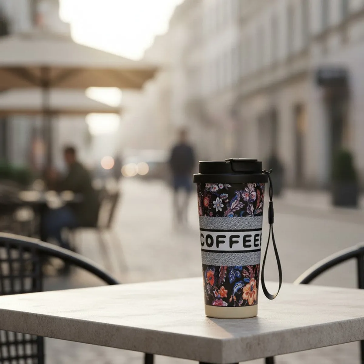 Floral black coffee tumbler with strap on an outdoor café table