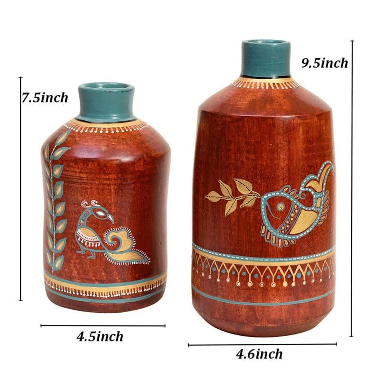 Set of two terracotta urn vases shown with printed size markings