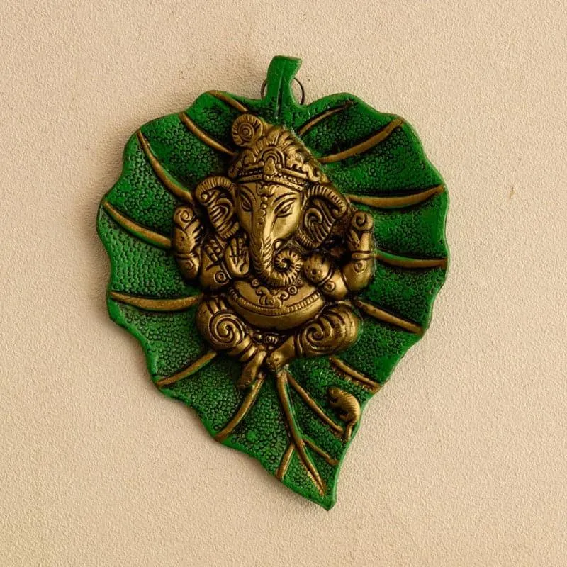Lord Ganesha On Green Leaf Metal Wall Accent media 1