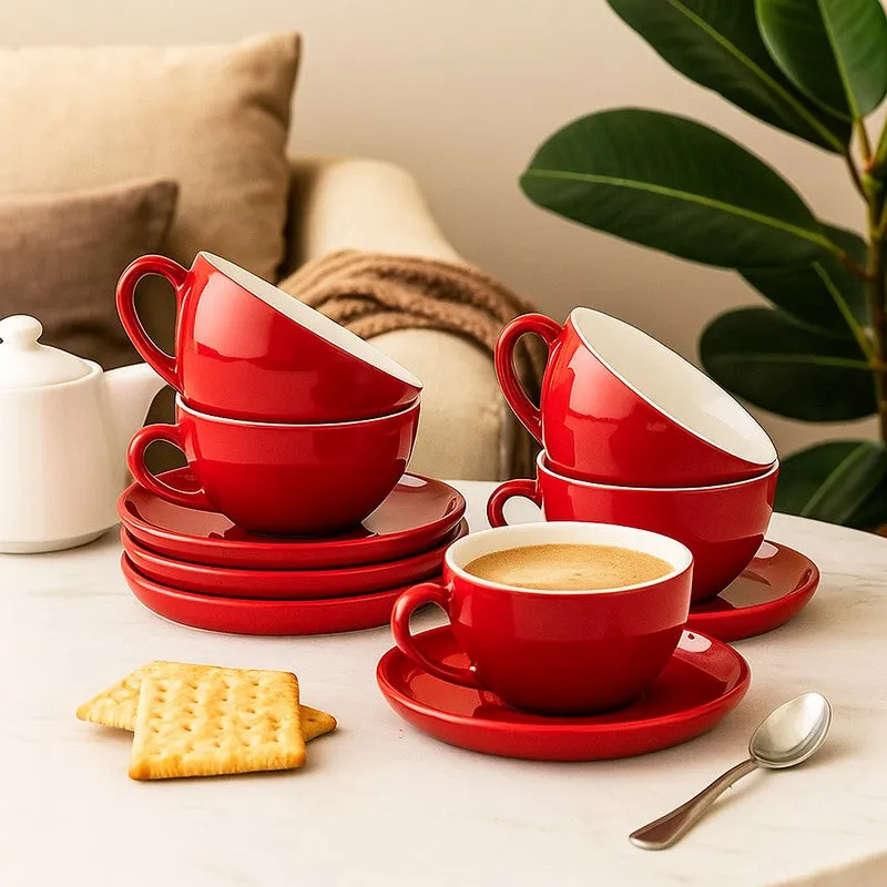 Elegant Red Ceramic Cup & Saucer (240 mL) - Eight Piece Set media 1
