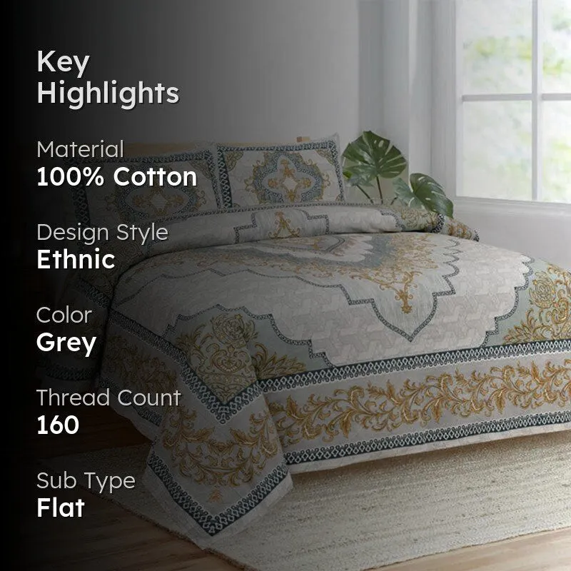 Neelakshi Ethnic Cotton Bedsheet (Grey) - 160 TC media 2