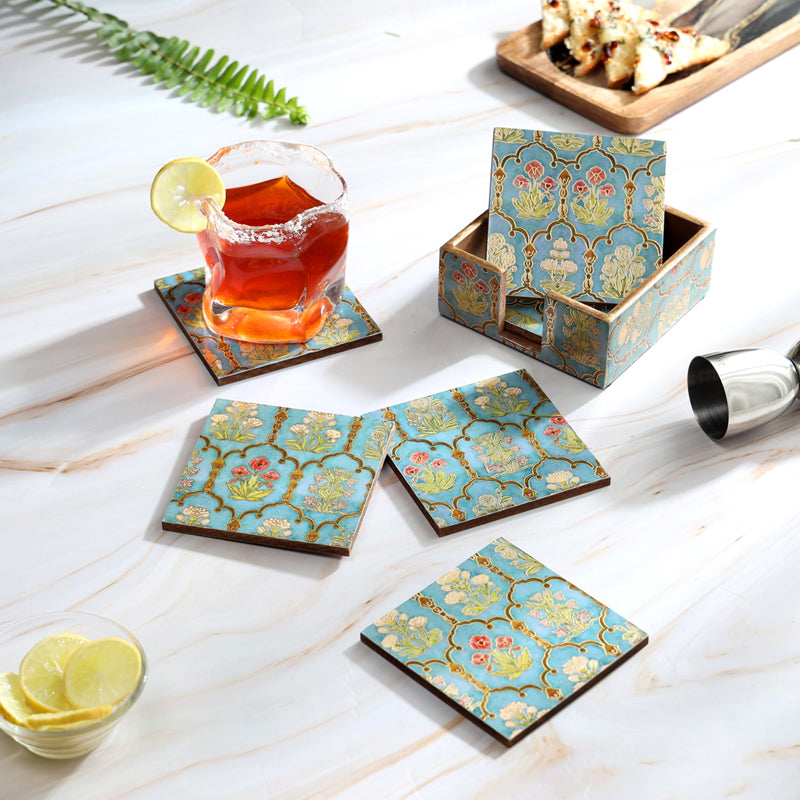 Fleur Jharokha Enamel Coaster With Stand - Seven Piece Set