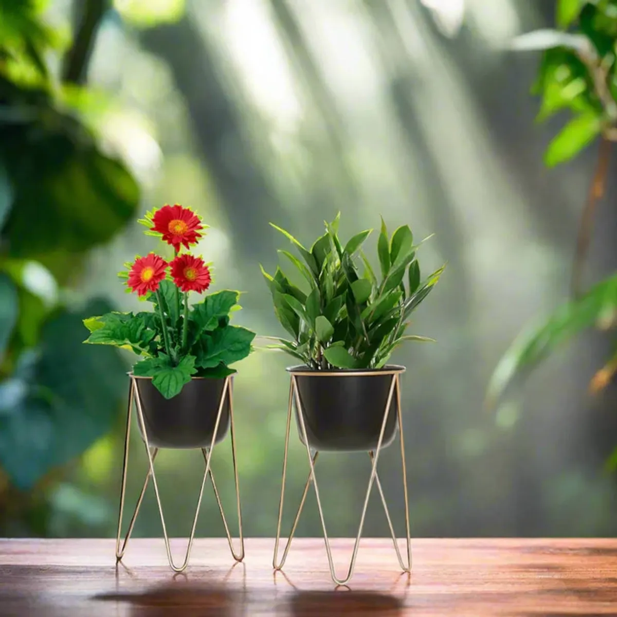 Two black planters on gold stands styled against a lush green backdrop