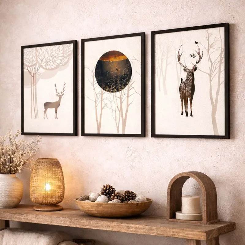Deerland Paper Wall Painting With MDF Frame (Black) - Set Of Three media 3