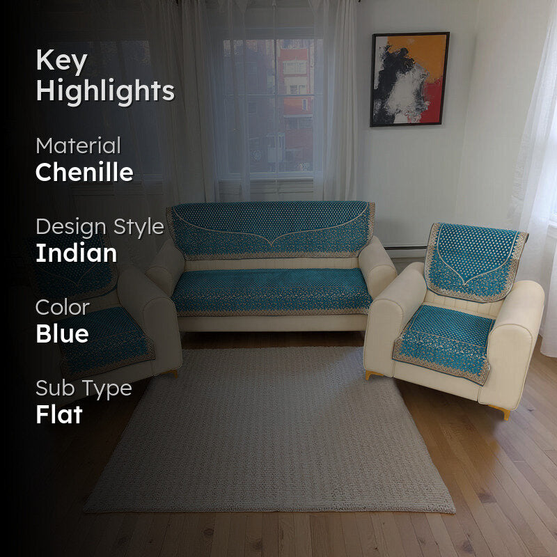 Petite Leaves Chenille Sofa Cover - Aqua Blue media 2