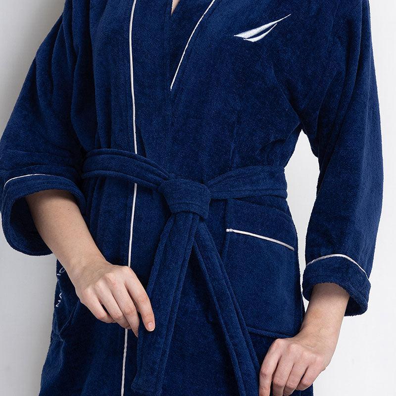 Nautica His & Hers Cashmere Dreams Cotton Bath Robe (Navy Blue & Coral) - Set Of Two media 7