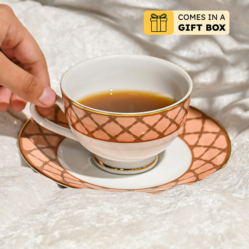 Angel Rope 24k Gold Brushed Porcelain Tea Cup & Saucer (280 mL) - Set of Six