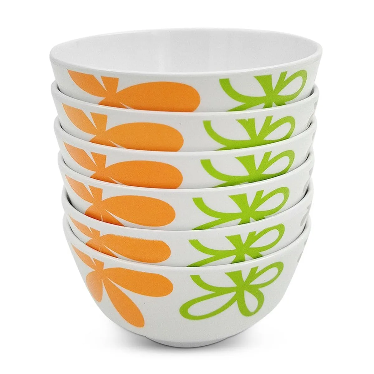 Stack of six white snack bowls with orange and green floral designs