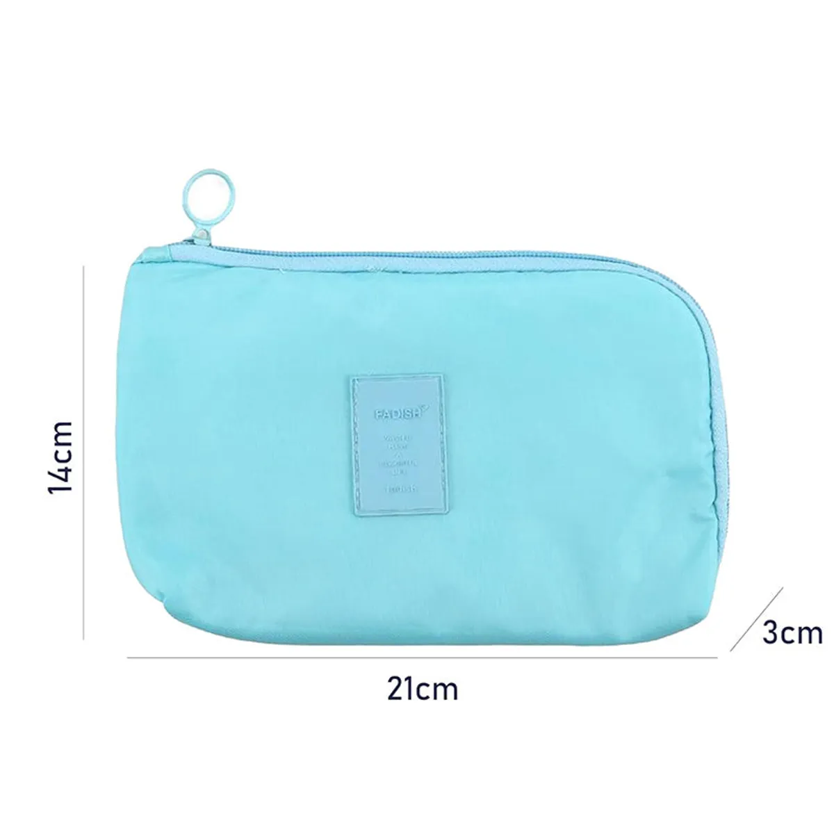 Light blue rectangular organiser shown with its 21 x 14 x 3 cm dimensions.