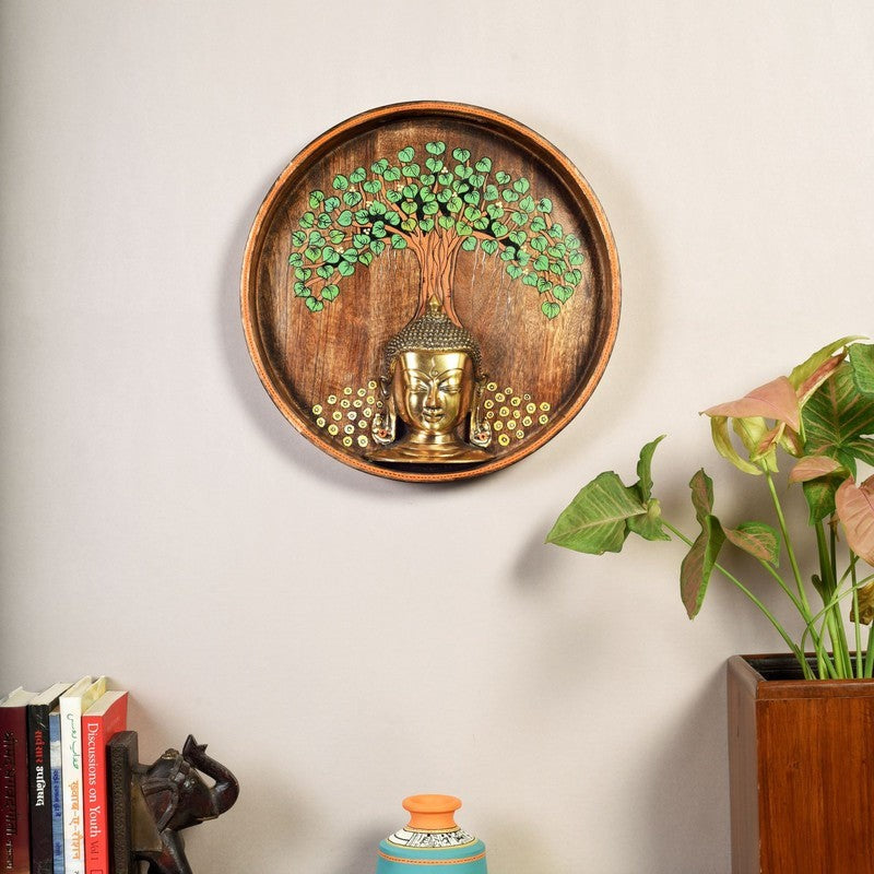 Meditating Buddha Round Mango Wood Wall Accent