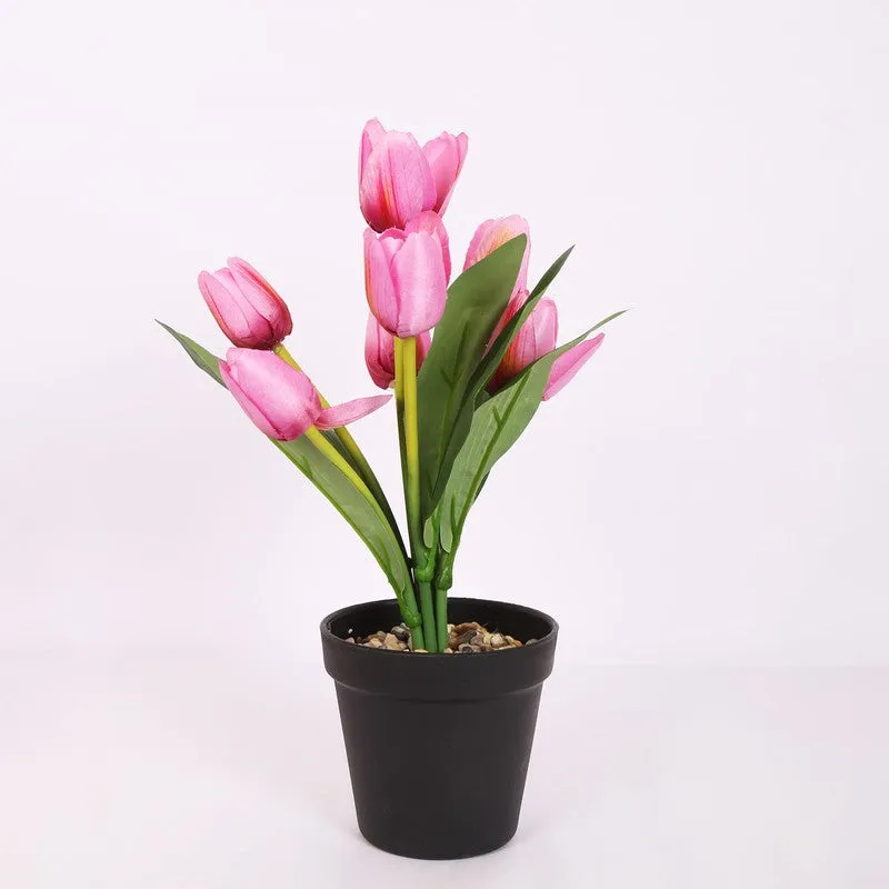 Artificial Tulip Flower Plant With Black Plastic Pot - Pink media 4