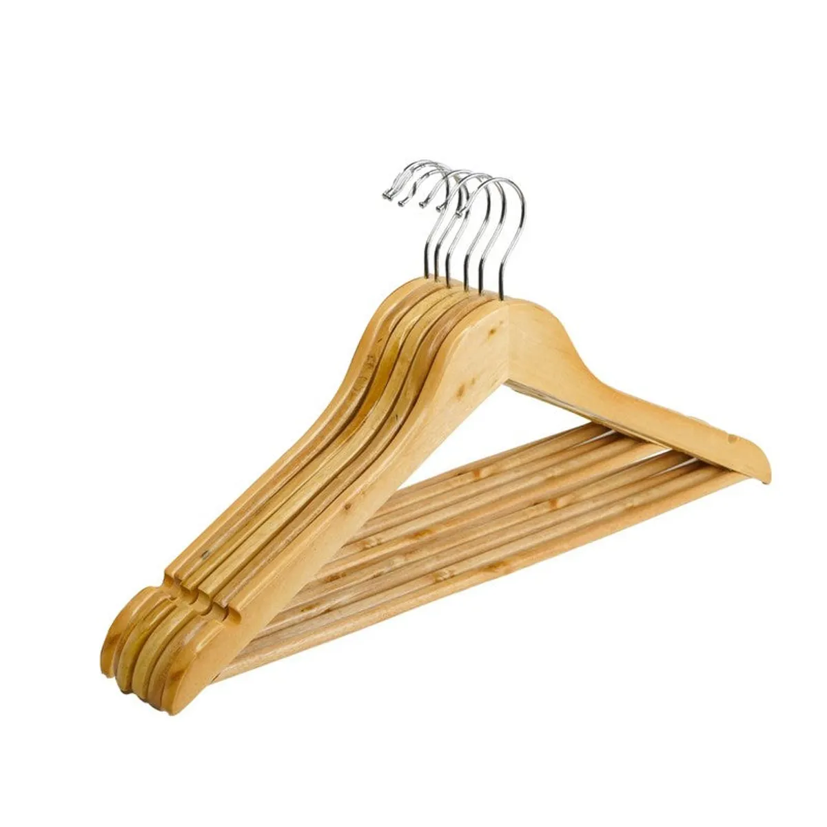 Close-up of six natural wood hangers with chrome hooks