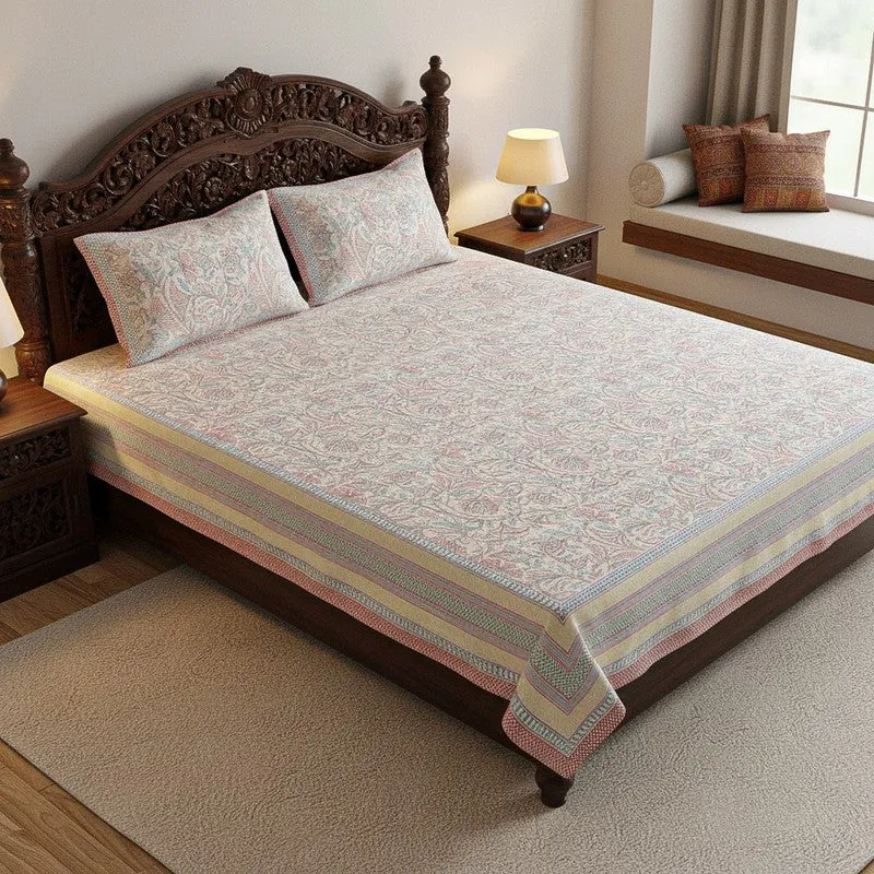 Saagara Floral Cotton Bedsheet (Yellow,Peach) - 144 TC media 1