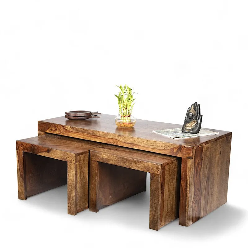 Davenox Sheesham Wooden Center Table with Stools (Brown) - Three Piece Set media 6
