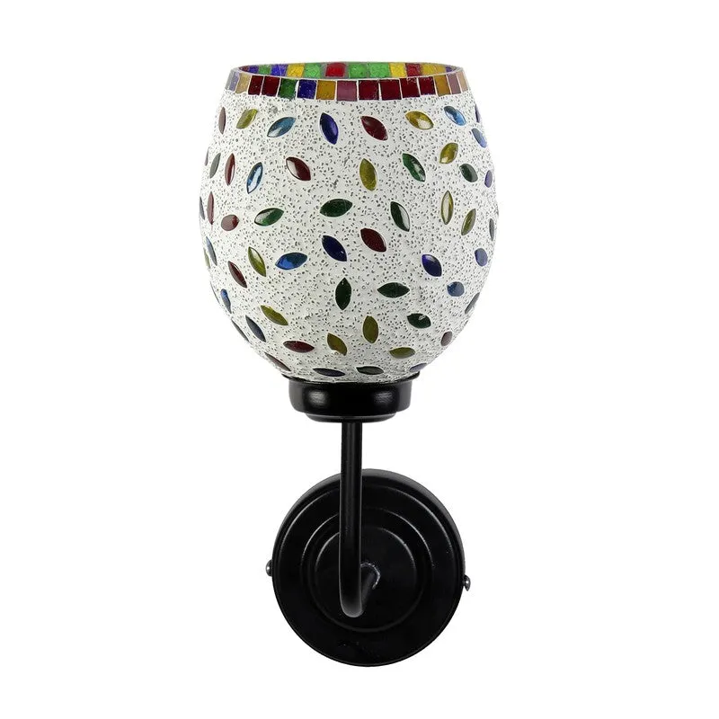 Front view of mosaic glass wall lamp with multicolour detailing