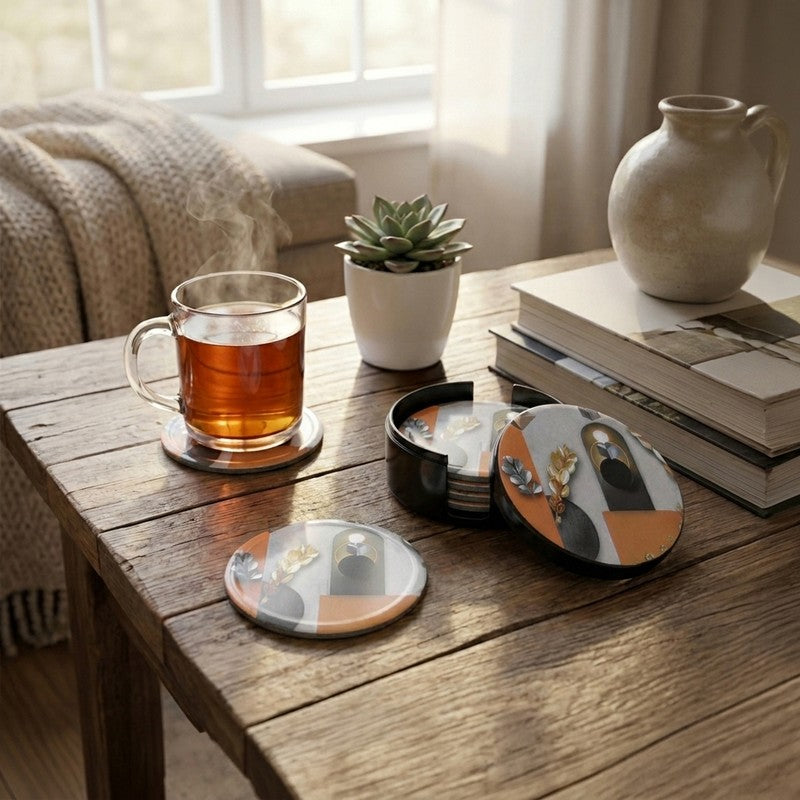 Foliage On Black Melamine Coaster Set - Eight Piece Set