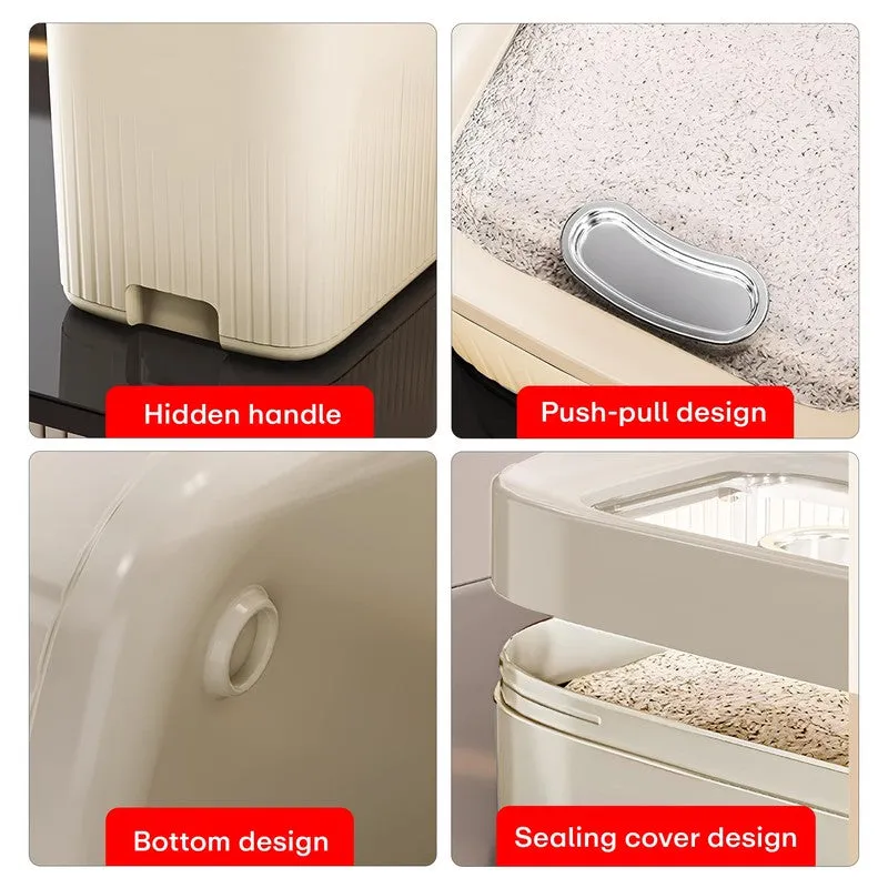 Container detail showing a concealed lower handle and push-pull lid design