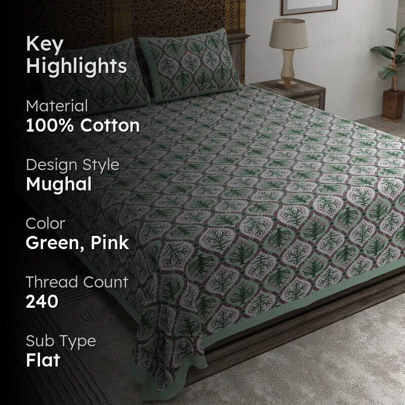 Nesty Cotton Bedsheet (Green,Pink) - 240 TC media 2