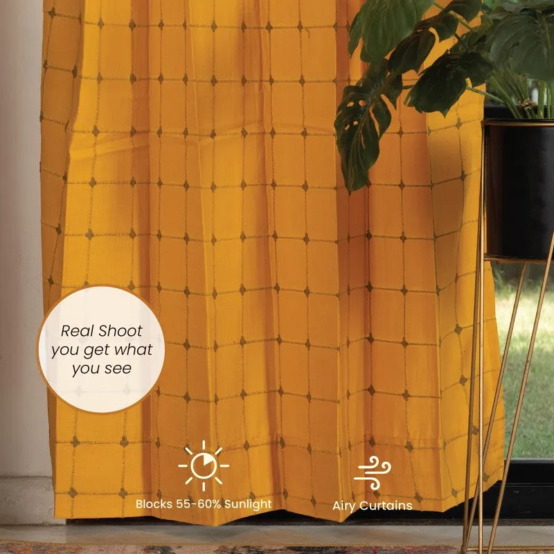 Pixel Checks Cotton Curtain - Mustard media 4