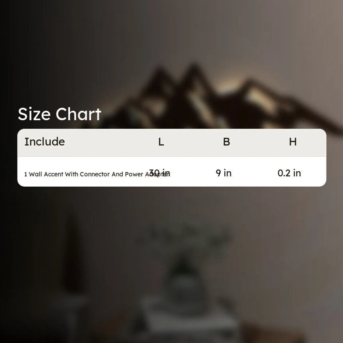 Backlit mountain wall accent shown with a size chart