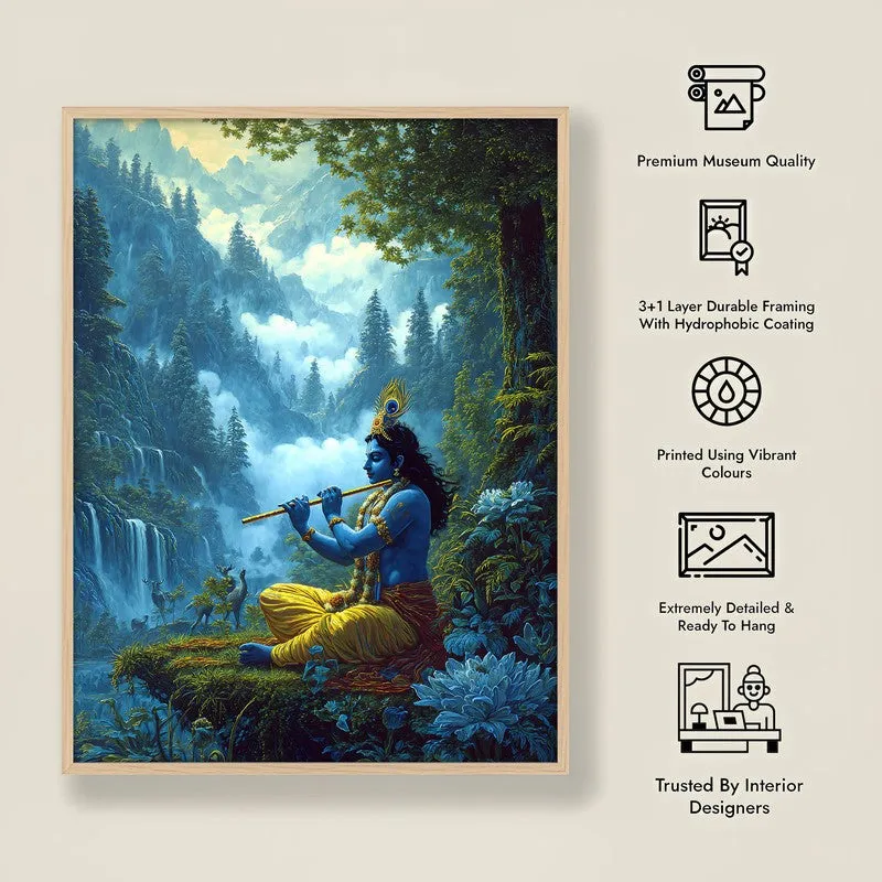 Vrindavan Bihari Lord Krishna Playing Fluit IV Archival Paper Wall Art - Natural Brown Frame media 8