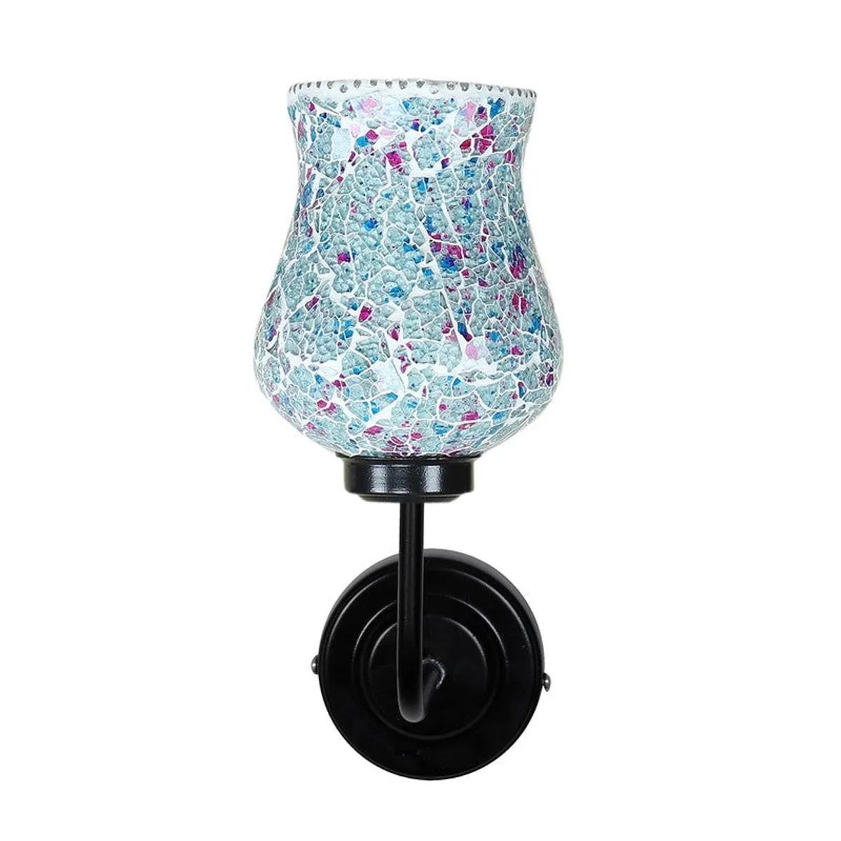 Front view of blue mosaic glass wall lamp on black mount