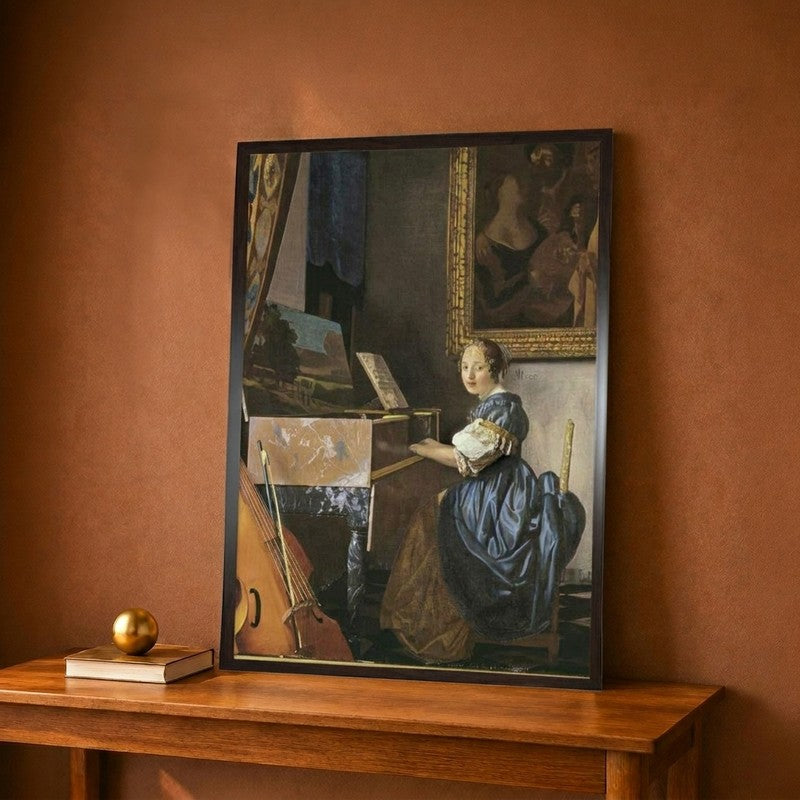 A Young Woman Seated at a Virginal Canvas Wall Painting - 9 x 12 inches