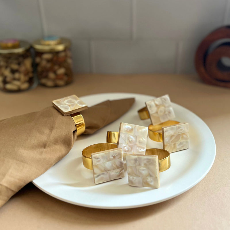 Asher Square Handcrafted Mother Of Pearl Napkin Ring - Set Of Six