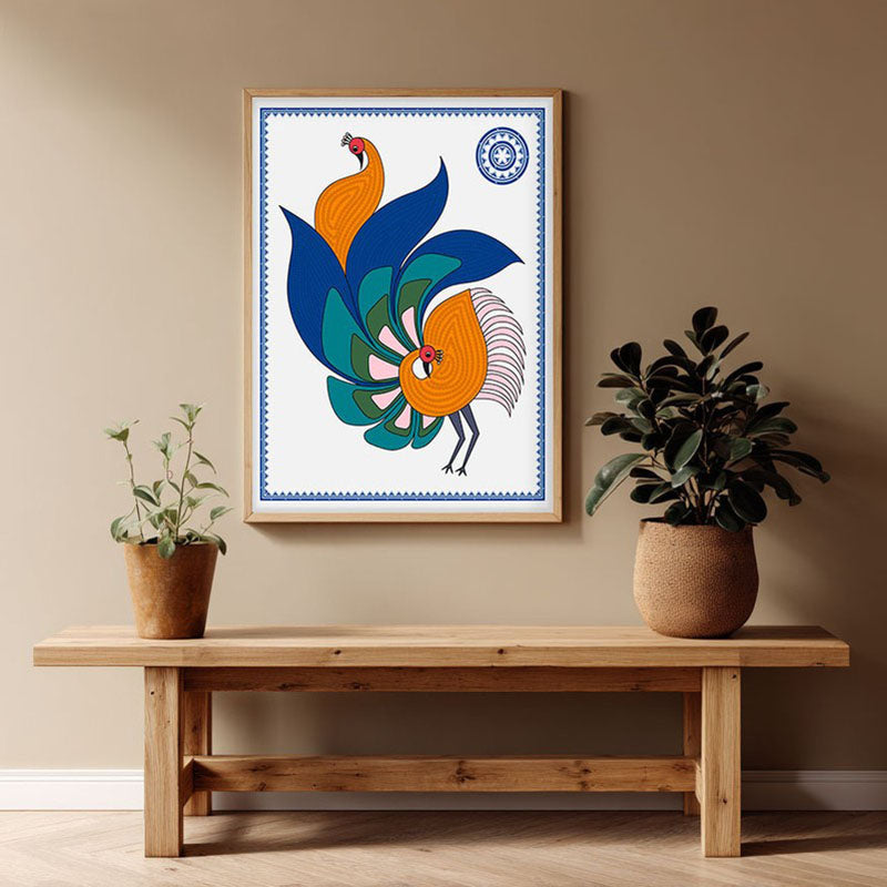 Mayurika Framed Madhubhani Canvas Archival Canvas Wall Painting - Natural Brown Frame