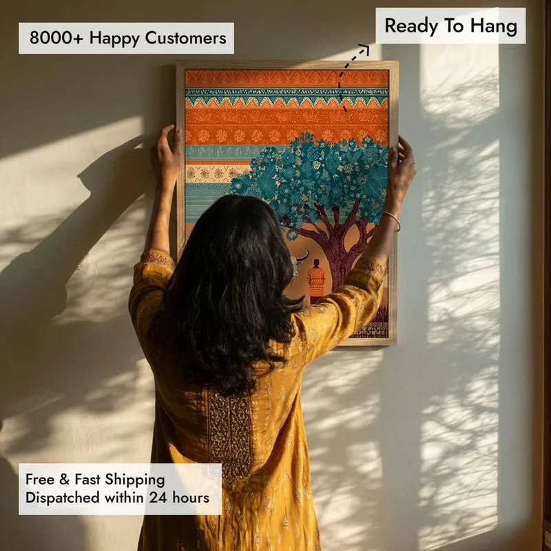 Kamadhenu Canvas Wall Painting With Brown Frame media 9