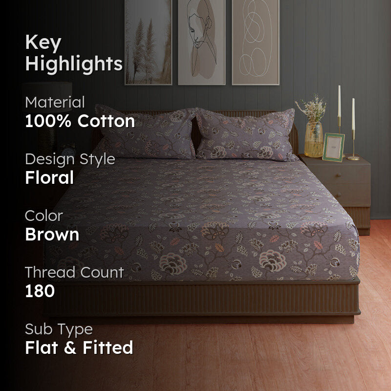 Swayam Light Brown Floral Cotton Bedsheet - 180 TC media 2
