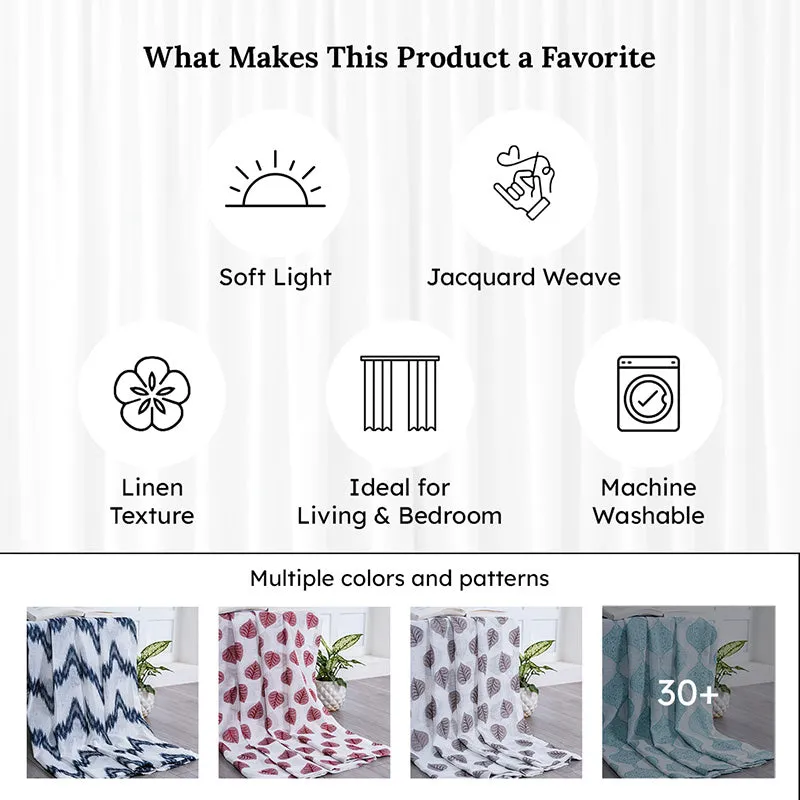 Product feature graphic showing linen texture, jacquard weave and machine washability.