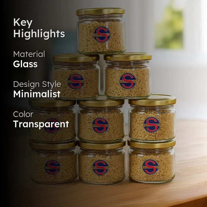 Ten glass storage jars with gold lids shown with product highlights.