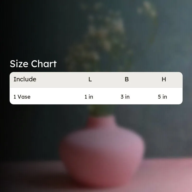 Pink vase shown blurred behind a size chart graphic