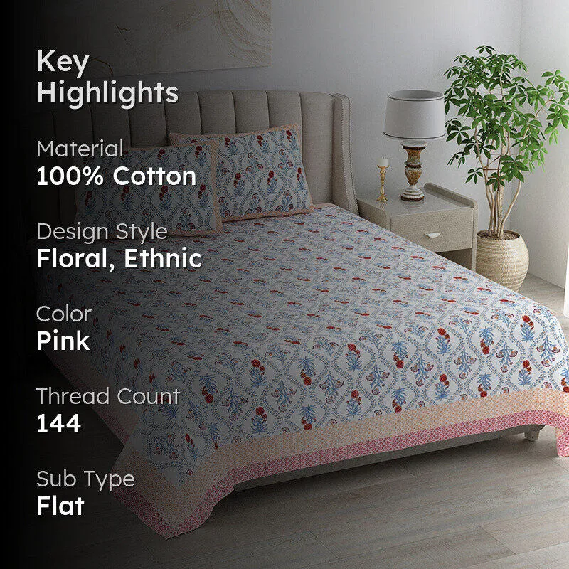 Ethnik Blooms Cotton Bedsheet (Peach, Blue) - 144 TC media 2