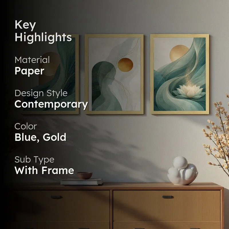 Teal & Terrene Paper Wall Painting With Frame - Set Of Three media 2