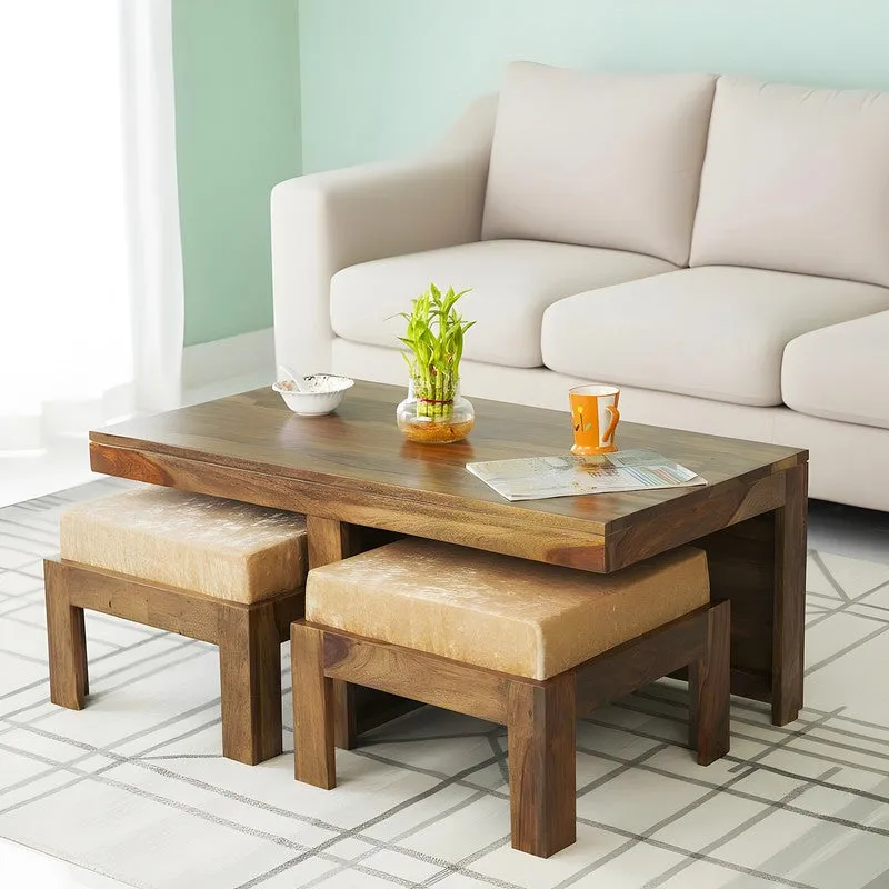 Drexon Sheesham Wooden Center Table with Stools (Brown,Grey) - Five Piece Set media 1