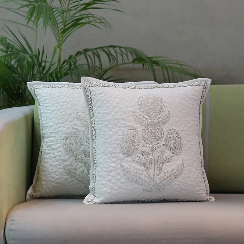 India Circus Silver Flora Tufted Cotton Cushion Cover - Set Of Two media 1