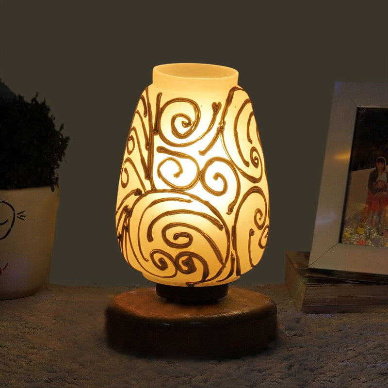 Glorene Glass Table Lamp With Wooden Base - White & Gold