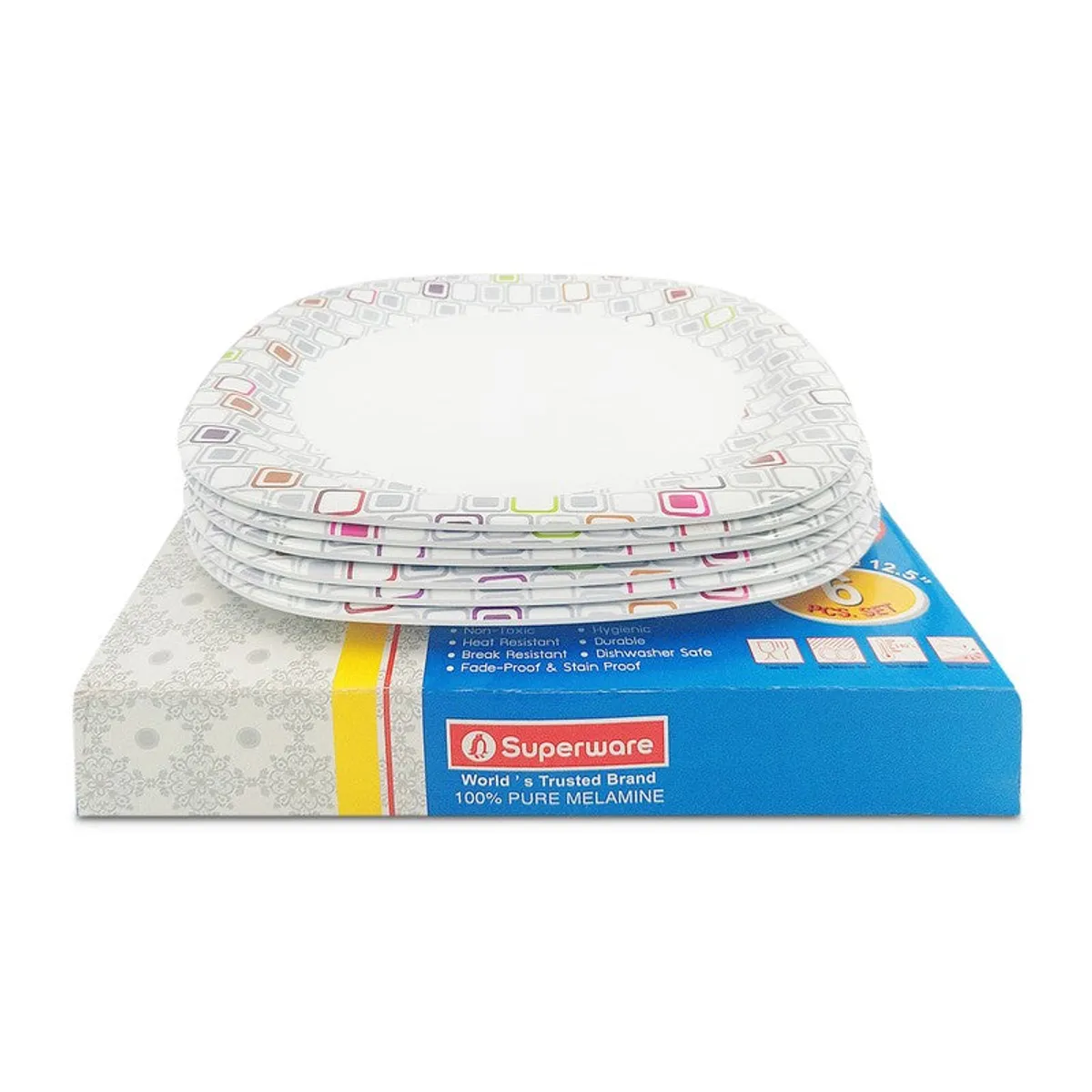 Stack of colourful geometric quarter plates shown with product packaging