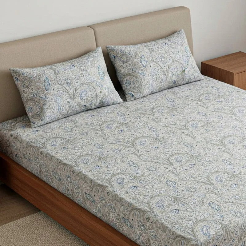 Samuna Floral Cotton Bedsheet (Light Blue,Grey) - 144 TC media 3