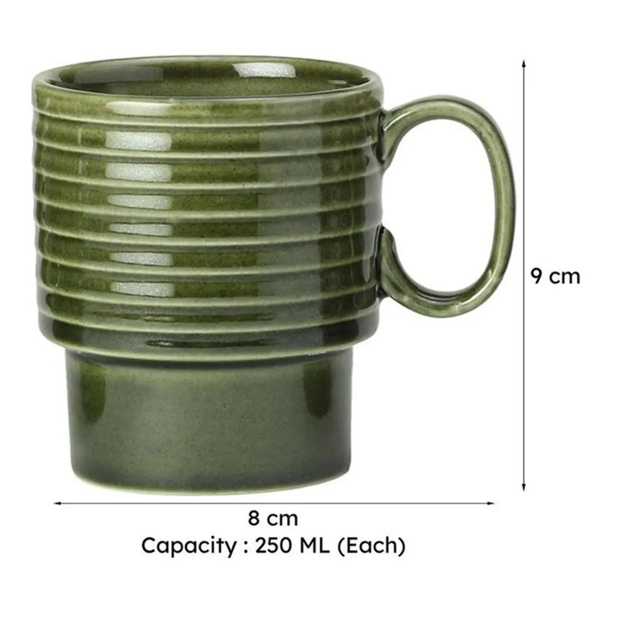 Single glossy moss green mug showing its 8 cm width and 9 cm height