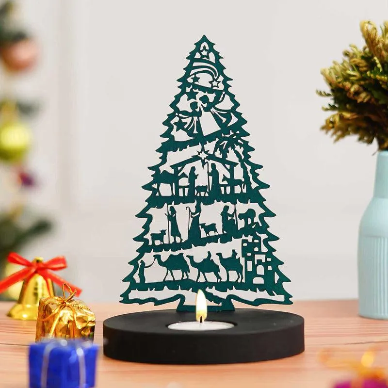Manger & Tree Wood Christmas Tea Light Holder - Green media 3