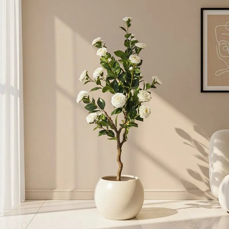 Amara Artificial Camellia Plant With Black Plastic Pot - 4 Feet media 1