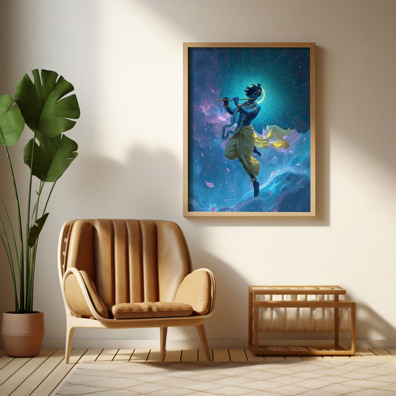 Lord Krishnas Cosmic Divine Dance IV Archival Paper Wall Art - Natural Brown Frame