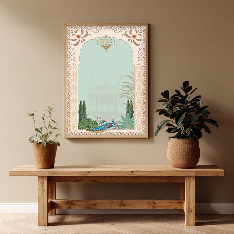 Imperial Peacock Framed Mughal Canvas Archival Canvas Wall Painting - Natural Brown Frame